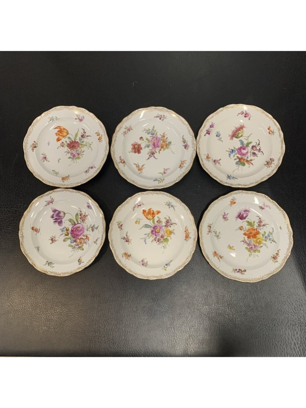 6 Antique Meissen Porcelain Floral Plates Hand Painted Flowers 19th Century 8.25